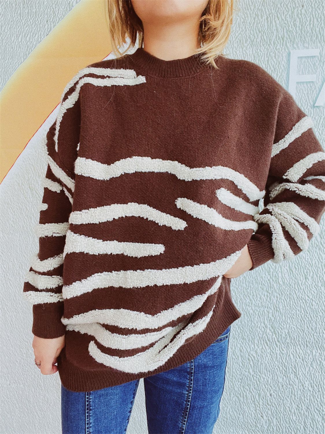 Contrast Round Neck Long Sleeve Sweater Stylish
